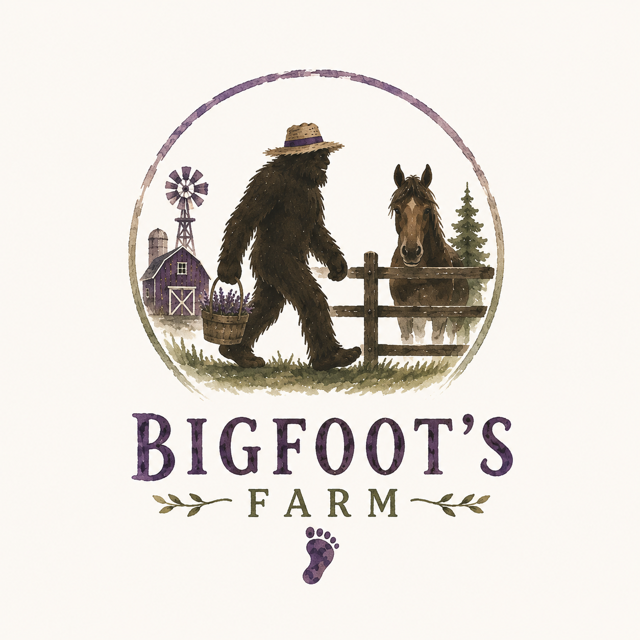 Bigfoot's Farm watercolor logo: Bigfoot in a straw hat carrying a lavender basket past a purple barn and a Rocky Mountain Horse