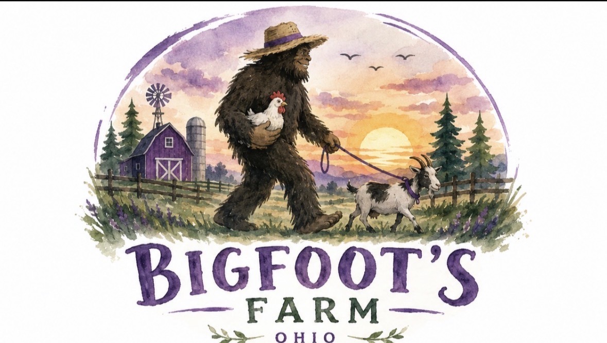 Bigfoot's Farm Ohio logo — Bigfoot walking a goat at sunset