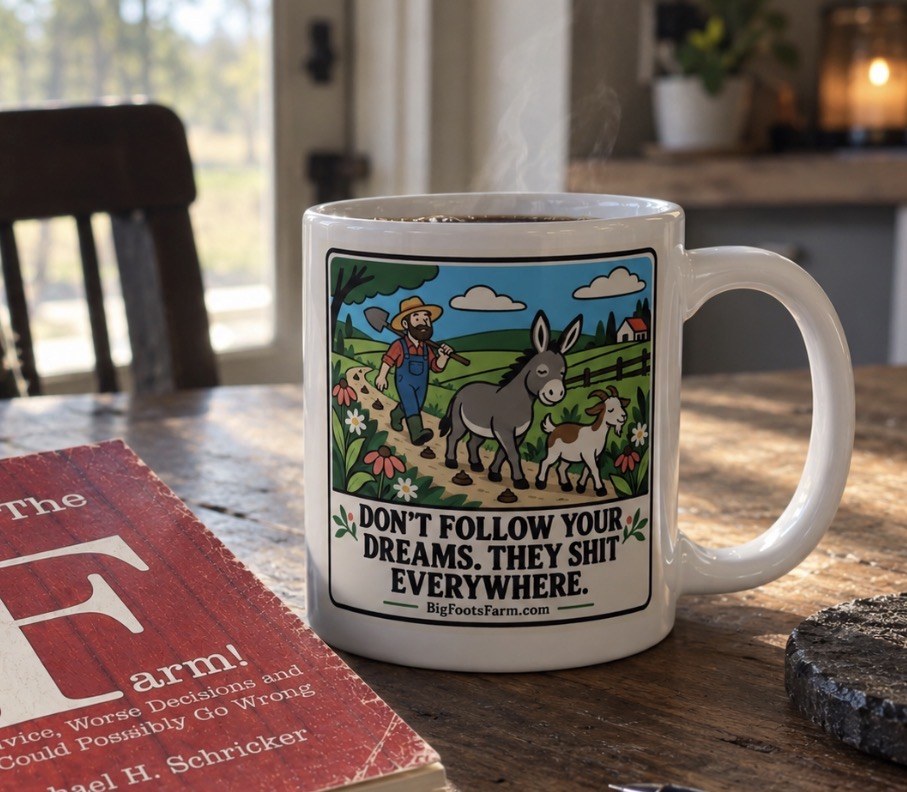 The Crappy Dreams Mug — white ceramic mug reading “Don’t follow your dreams. They shit everywhere.”