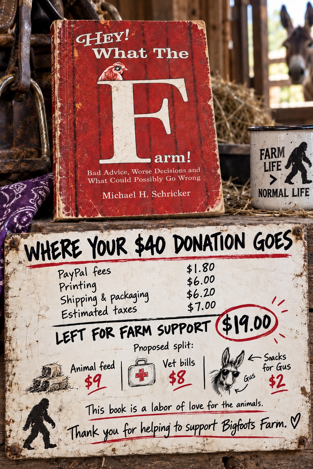Where your $40 goes: PayPal fees $1.80, printing $6, shipping and packaging $6.20, estimated taxes $7 — $19 left for farm support, split $9 animal feed, $8 vet bills, $2 snacks for Gus